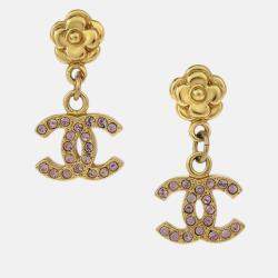 Pre Owned Chanel Dangle CC Piercing Earrings Gold Rhinestone