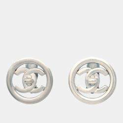 Pre Owned Chanel Turnlock Button Earrings Clip-On Silver