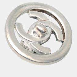 Pre Owned Chanel Turnlock Button Earrings Clip-On Silver