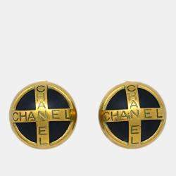 Pre Owned Chanel Button Earrings Clip-On Black Gold