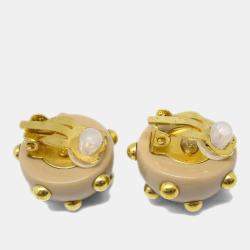Pre Owned Chanel CC Logos Studs Button Earrings Beige Gold Clip-On