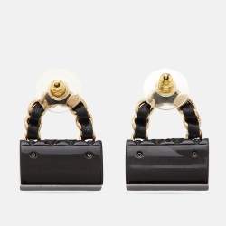 Pre Owned Chanel CC Bag Resin Leather Gold Tone Earrings