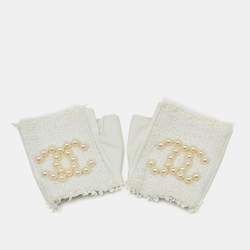 Pre Owned Chanel Off White Leather and Tweed CC Pearl Embellished Fingerless Gloves Size 8