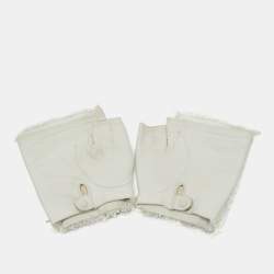 Pre Owned Chanel Off White Leather and Tweed CC Pearl Embellished Fingerless Gloves Size 8