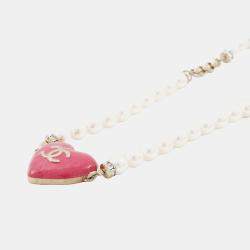 Pre Owned Chanel Heart Pink Rhinestone Gold Plated Faux Pearl Long Necklace 
