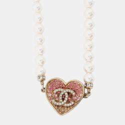Pre Owned Chanel Heart Pink Rhinestone Gold Plated Faux Pearl Long Necklace 