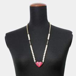 Pre Owned Chanel Heart Pink Rhinestone Gold Plated Faux Pearl Long Necklace 