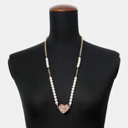 Pre Owned Chanel Heart Pink Rhinestone Gold Plated Faux Pearl Long Necklace 