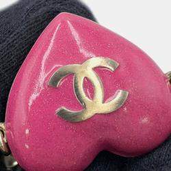 Pre Owned Chanel Heart Pink Rhinestone Gold Plated Faux Pearl Long Necklace 