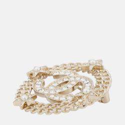 Pre Owned Chanel Cc Logo Round Star Brooch Champagne Gold Gold Plated Rhinestone Faux Pearl