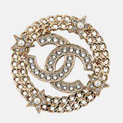 Pre Owned Chanel Cc Logo Round Star Brooch Champagne Gold Gold Plated Rhinestone Faux Pearl