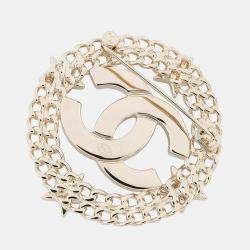 Pre Owned Chanel Cc Logo Round Star Brooch Champagne Gold Gold Plated Rhinestone Faux Pearl