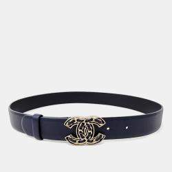 Pre Owned Chanel Navy Leather Logo Belt
