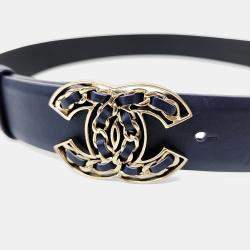Pre Owned Chanel Navy Leather Logo Belt