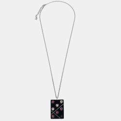 Pre Owned Chanel Silver Acrylic Rectangle Pendant Necklace Rhinestone