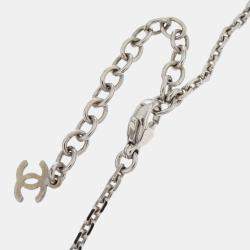 Pre Owned Chanel Silver Acrylic Rectangle Pendant Necklace Rhinestone