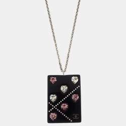 Pre Owned Chanel Silver Acrylic Rectangle Pendant Necklace Rhinestone