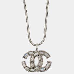 Pre Owned Chanel CC Necklace Pendant Rhinestone Silver
