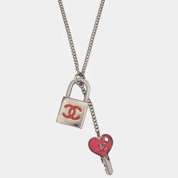 Pre Owned Chanel Padlock Key Pendant Necklace Silver Pink