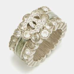 Pre Owned Chanel CC Enamel Crystals Silver Tone Ring Size 52.5