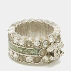 Pre Owned Chanel CC Enamel Crystals Silver Tone Ring Size 52.5