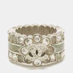 Pre Owned Chanel CC Enamel Crystals Silver Tone Ring Size 52.5