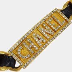 Pre Owned Chanel Gold Black Leather Rhinestone Choker Necklace