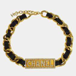 Pre Owned Chanel Gold Black Leather Rhinestone Choker Necklace