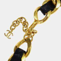 Pre Owned Chanel Gold Black Leather Rhinestone Choker Necklace