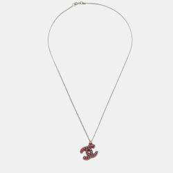 Pre Owned Chanel CC Acrylic Silver Red Chain Pendant Necklace