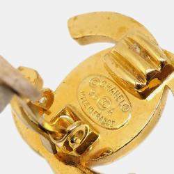 Pre Owned Chanel CC Turnlock Rhinestone Earrings Clip-On Gold Small