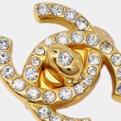 Pre Owned Chanel CC Turnlock Rhinestone Earrings Clip-On Gold Small