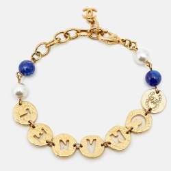 Pre Owned Chanel CC Crystals Faux Pearl Beads Gold Tone Cutwork Logo Charm Beaded Bracelet