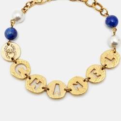 Pre Owned Chanel CC Crystals Faux Pearl Beads Gold Tone Cutwork Logo Charm Beaded Bracelet