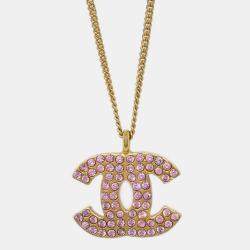 Pre Owned Chanel CC Chain Pendant Necklace Rhinestone Gold 02P