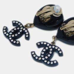 Pre Owned Chanel Gold Plated Rhinestone CC Heart Dangle Earrings Clip-On Black 09C