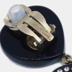 Pre Owned Chanel Gold Plated Rhinestone CC Heart Dangle Earrings Clip-On Black 09C