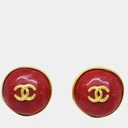 Pre Owned Chanel Red Button Earrings Clip-On 98P