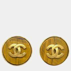 Pre Owned Chanel Button Acrylic Earrings Clip-On Brown Gold 95A