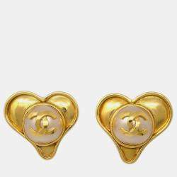 Pre Owned Chanel Gold Heart Earrings Clip-On Artificial Pearl 95P