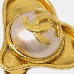 Pre Owned Chanel Gold Heart Earrings Clip-On Artificial Pearl 95P