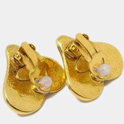 Pre Owned Chanel Gold Heart Earrings Clip-On Artificial Pearl 95P