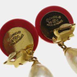 Pre Owned Chanel Artificial Pearl Dangle Earrings Clip-On Red 96C
