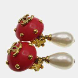 Pre Owned Chanel Artificial Pearl Dangle Earrings Clip-On Red 96C