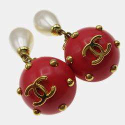 Pre Owned Chanel Artificial Pearl Dangle Earrings Clip-On Red 96C