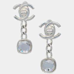 Pre Owned Chanel Dangle Turnlock Earrings Clip-On Silver Rhinestone 97A