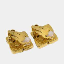 Pre Owned Chanel Gripoix Rhombus Earrings Clip-On Gold Green 95P