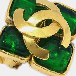 Pre Owned Chanel Gripoix Rhombus Earrings Clip-On Gold Green 95P