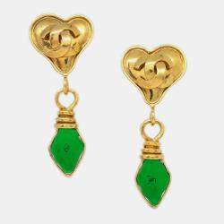 Pre Owned Chanel Gripoix Heaart Earrings Clip-On Gold 95P