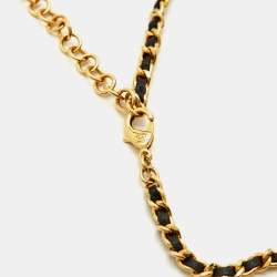 Pre Owned Chanel CC Crystals Leather Gold Tone Necklace